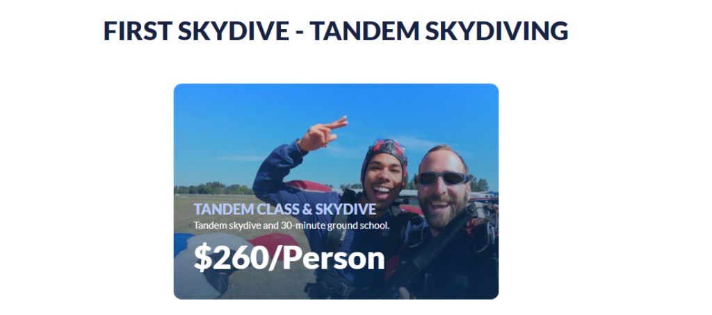 tandem skydiving washington pricing